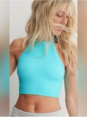 aerie Ribbed Halter Crop Top - Turquoise Blue